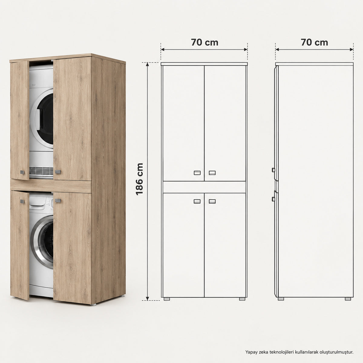 Renazzo %100 MDF Çamaşır Makinesi ve Kurutma Makinesi Dolabı Atlantik Çam 186x70x70 teknik ölçü