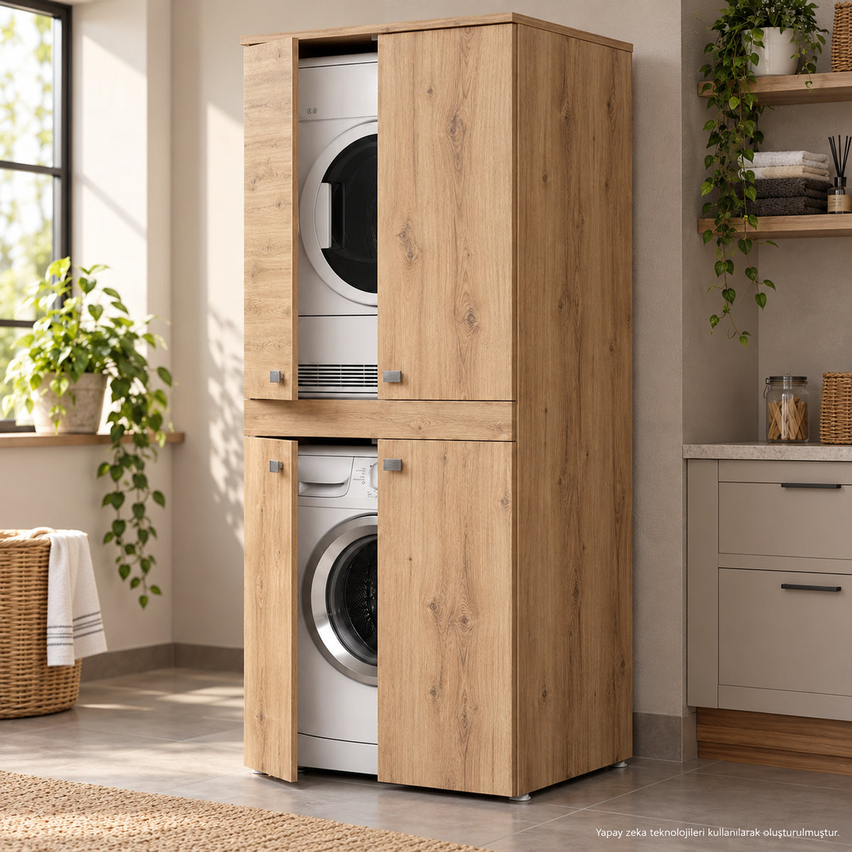 Renazzo %100 MDF Çamaşır Makinesi ve Kurutma Makinesi Dolabı Atlantik Çam farklı açı