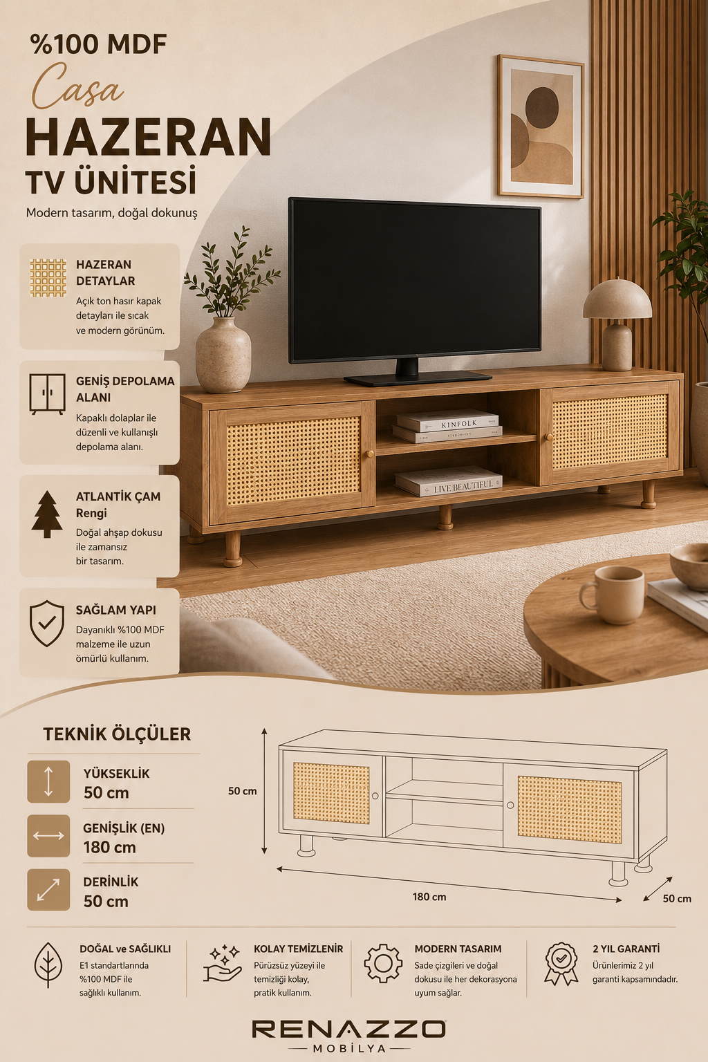 % 100 Mdf Casa Hazeran TV Ünitesi 180x50 Atlantik Çam