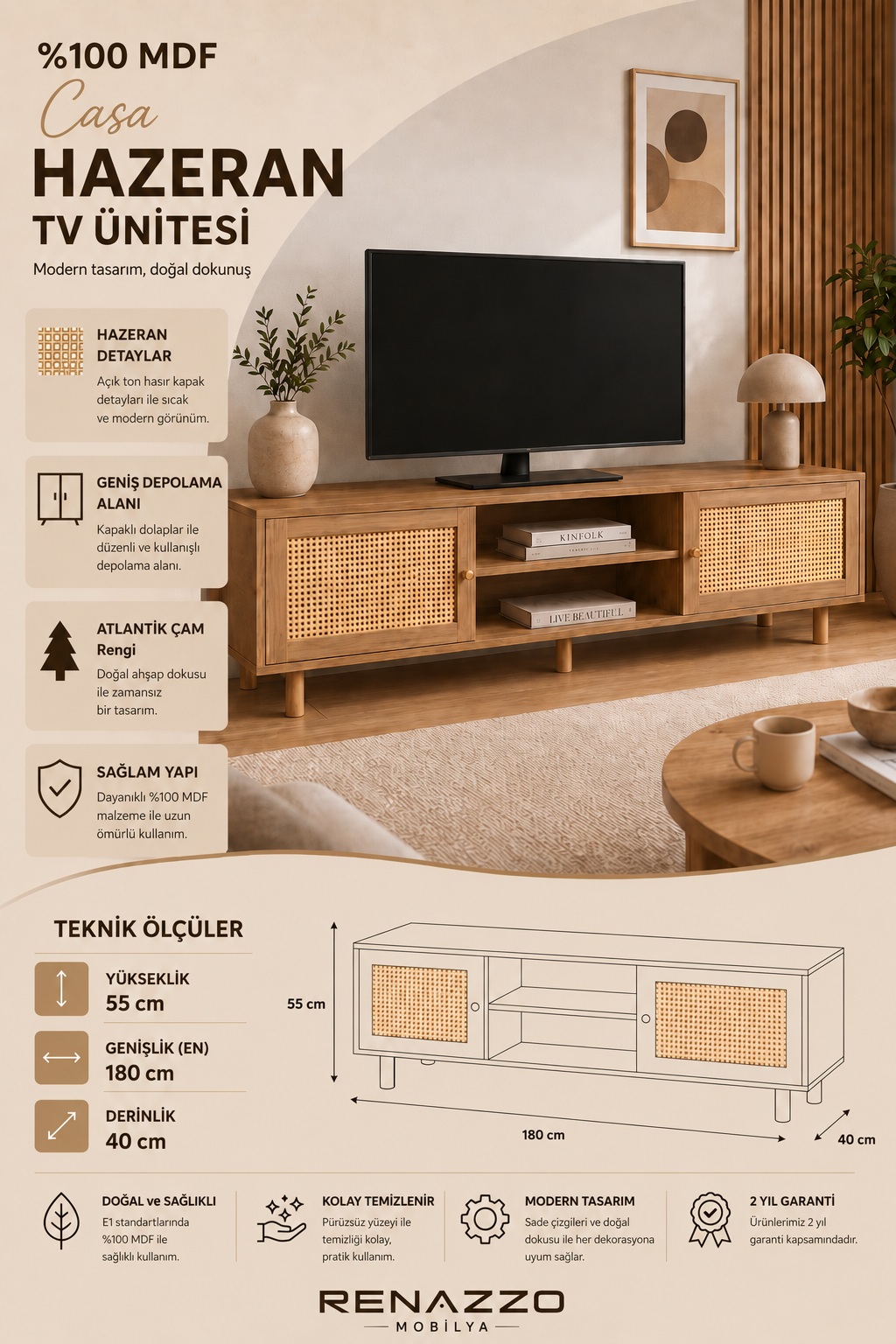 % 100 Mdf Casa Hazeran TV Ünitesi
