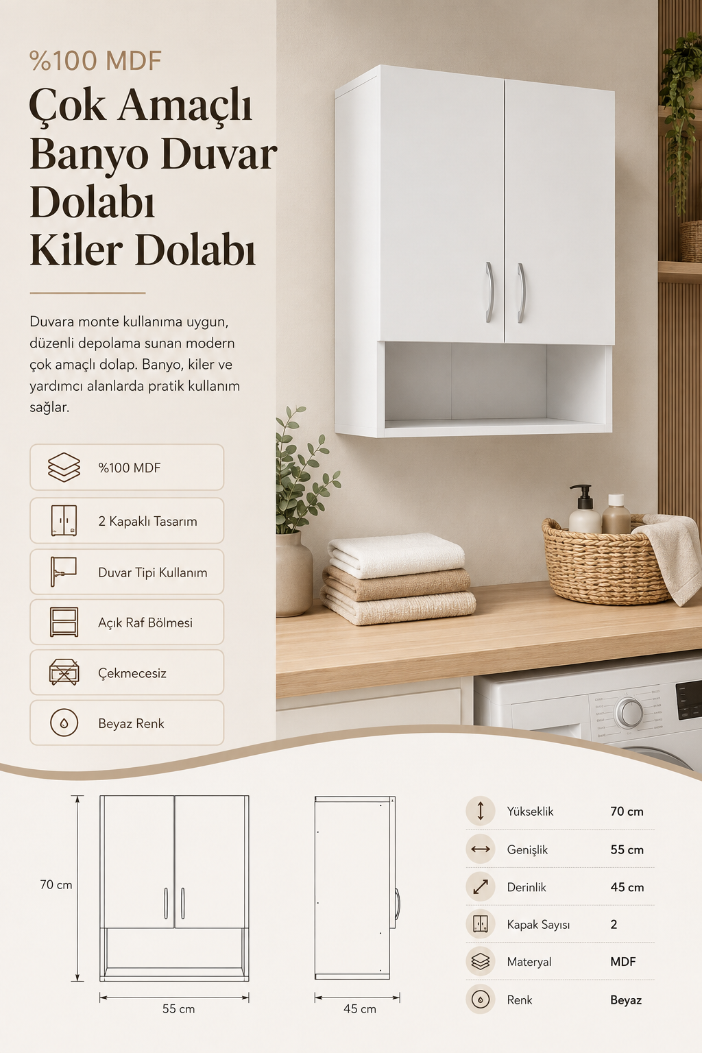 %100 Mdf Çok Amaçlı Banyo Duvar Dolabı Kiler Dolabı 70x55 Beyaz