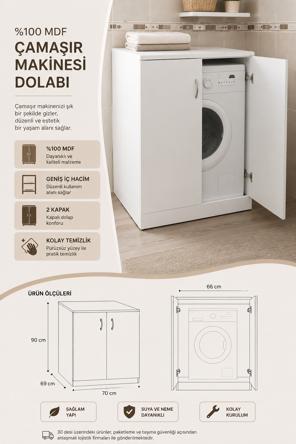 %100 Mdf Çamaşır Makinesi Dolabı 90x70 Beyaz