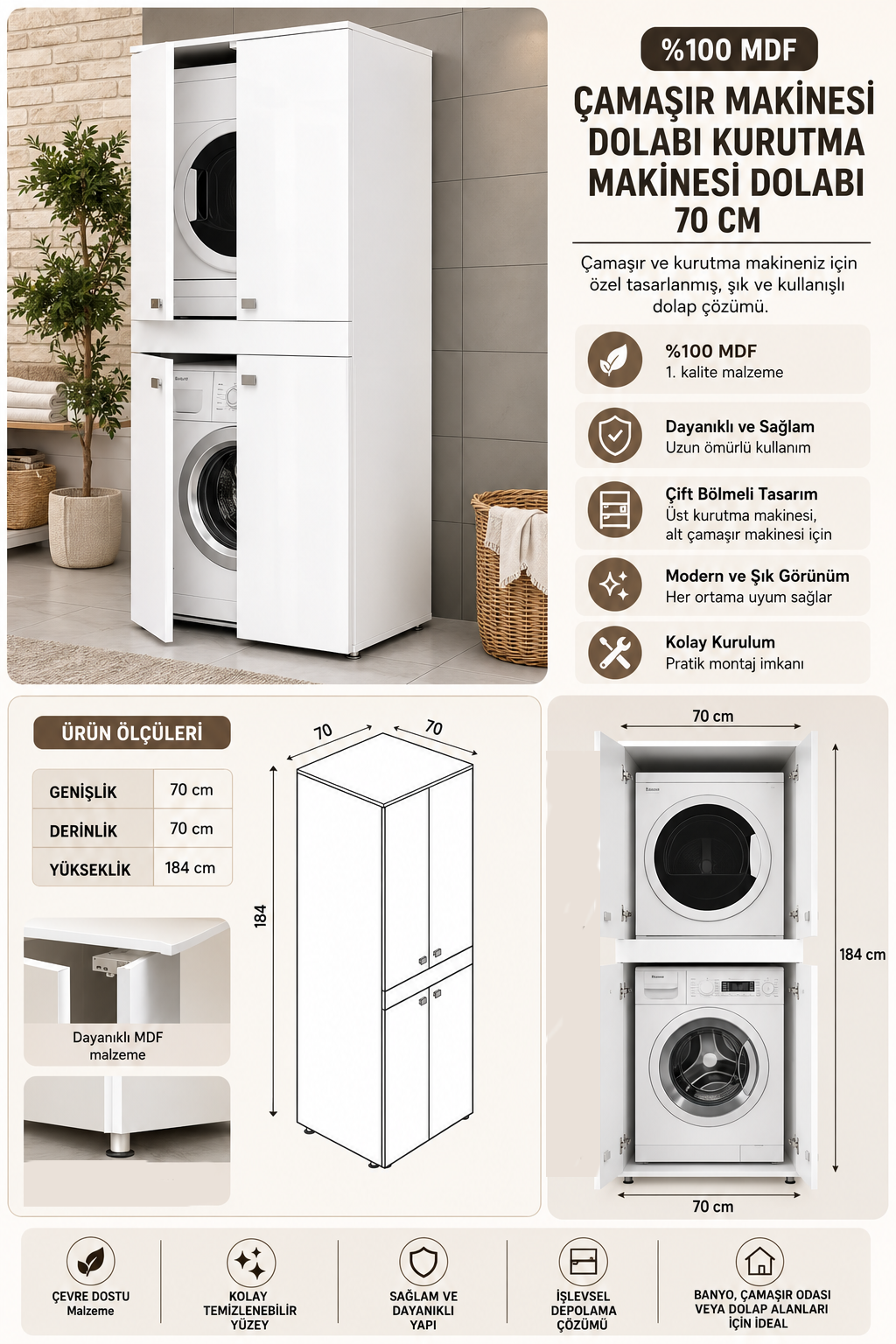 %100 Mdf 2 Katlı Çamaşır Makinesi Dolabı Kurutma Makinesi Dolabı 70x70 Beyaz