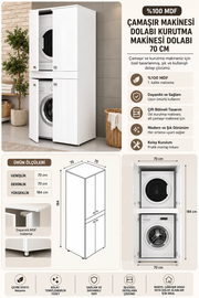 %100 Mdf 2 Katlı Çamaşır Makinesi Dolabı Kurutma Makinesi Dolabı 70x70 Beyaz