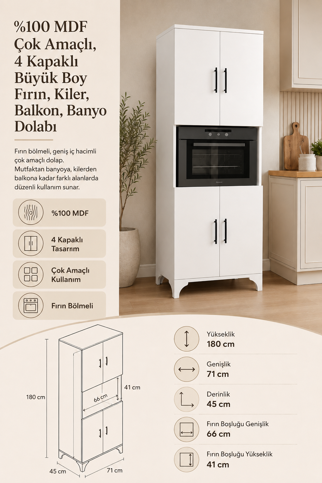 %100 Mdf Çok Amaçlı 4 Kapaklı Büyük Boy Fırın Kiler Balkon Banyo Dolabı 180x70 Beyaz