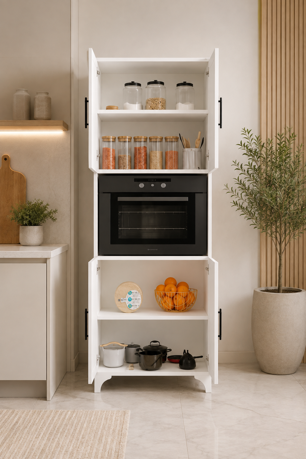 %100 Mdf Çok Amaçlı 4 Kapaklı Büyük Boy Fırın Kiler Balkon Banyo Dolabı