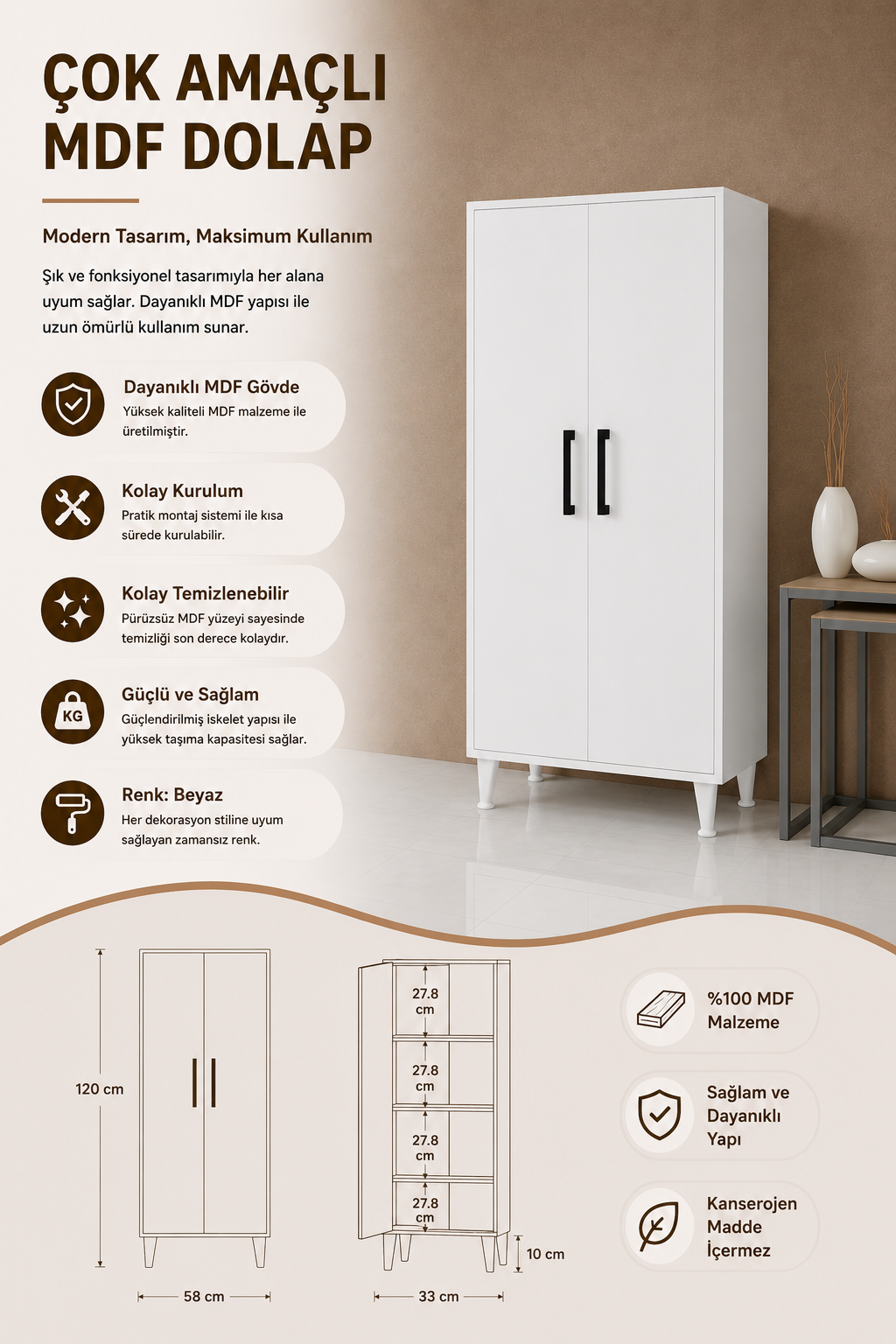 %100 Mdf Çok Amaçlı Kiler Banyo Mutfak Dolabı 120x58 Beyaz