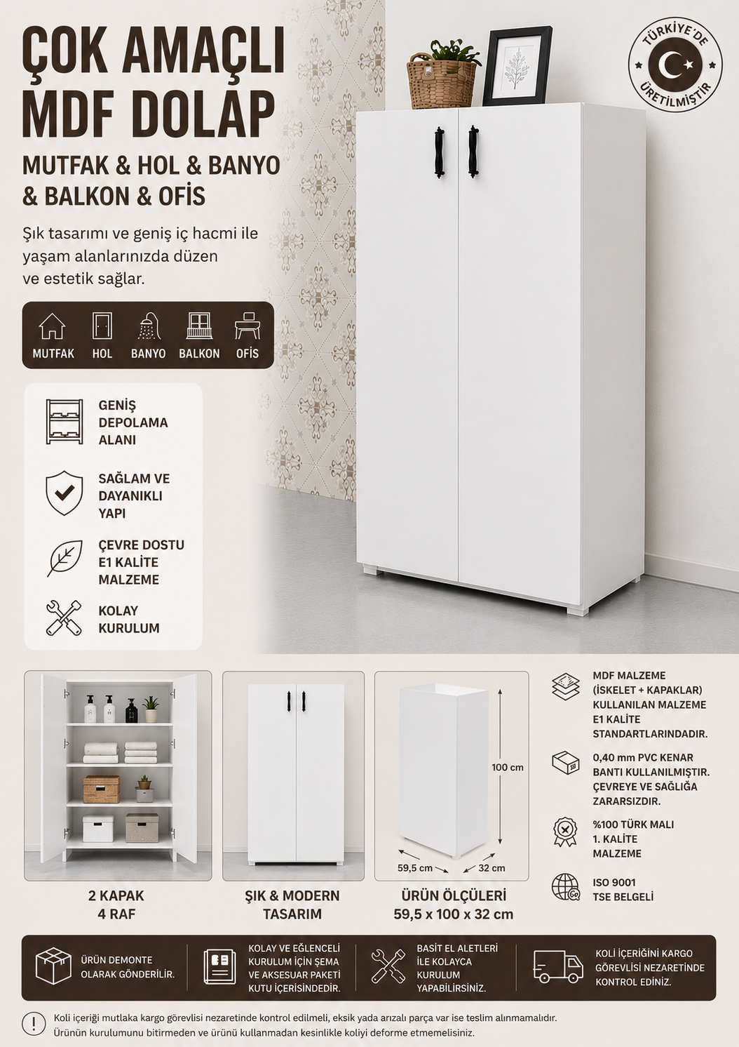 %100 Mdf Çok Amaçlı Dolap Mutfak & Hol & Banyo & Balkon & Ofis 100x60 Beyaz