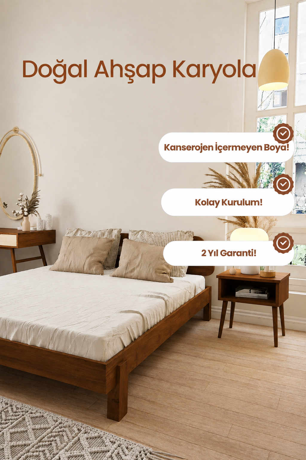 Damla Model 2 Başlıklı Masif Ahşap Karyola 150x200 Doğal