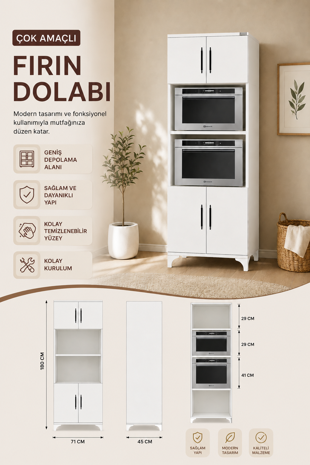 %100 Mdf Çok Amaçlı Kapaklı ve Açık Dolap, Fırın Ve Mikrodalga Fırın Mutfak Dolabı 180x71 Beyaz