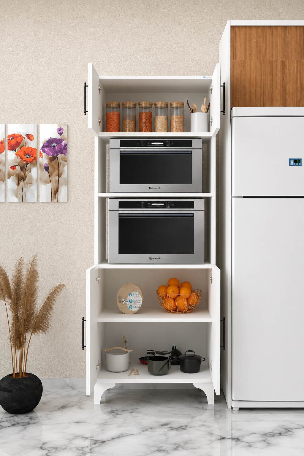 %100 Mdf Çok Amaçlı Kapaklı ve Açık Dolap, Fırın Ve Mikrodalga Fırın Mutfak Dolabı