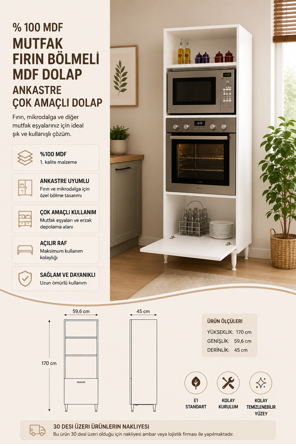 % 100 Mdf Mutfak Fırın Bölmeli Mdf Dolap Ankastre Çok Amaçlı Kapaksız Dolap 170x60 Beyaz