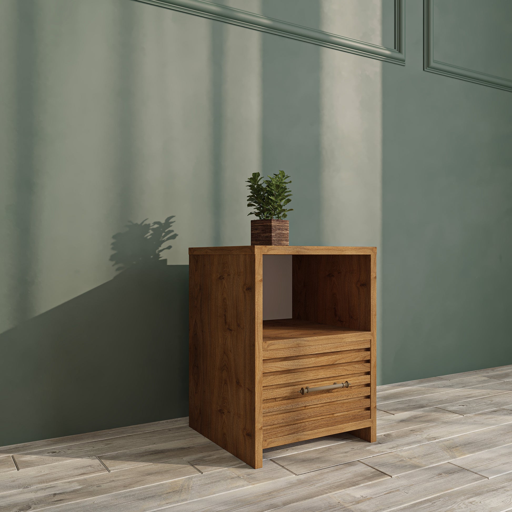 Ebruli Model Ceviz Renk Çekmeceli Masif Ahşap Komodin 42x42 Vernikli