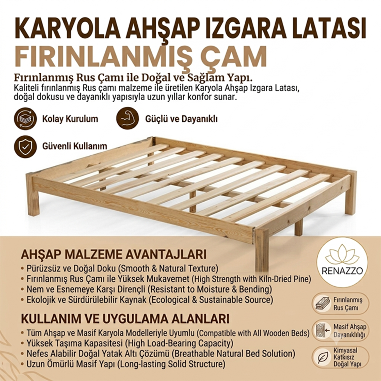 Karyola Izgara / Lata Masif Ahşap Yedek Parça 90 cm Doğal