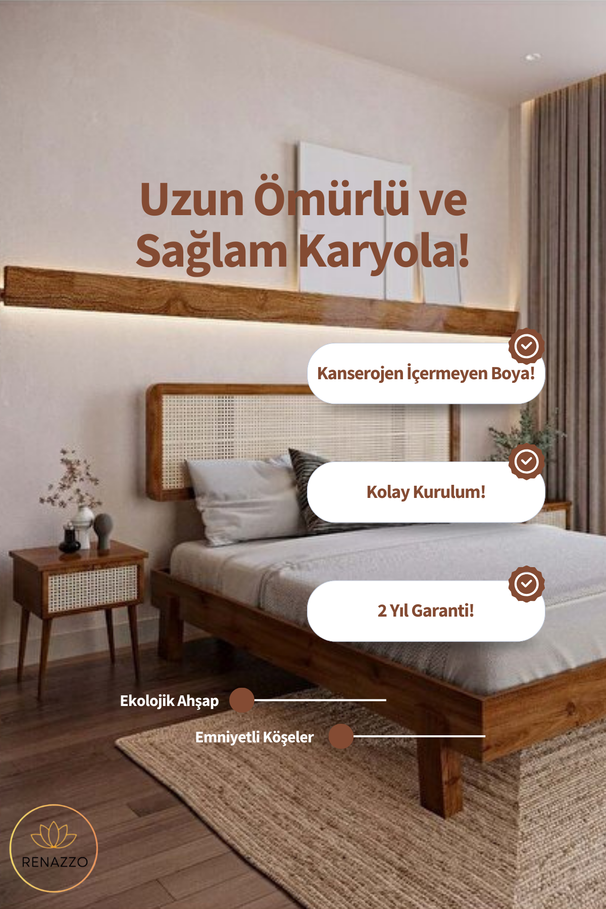 Li̇lyum Model Hazeran Başlıklı Masif Ahşap Karyola 90x190 Doğal