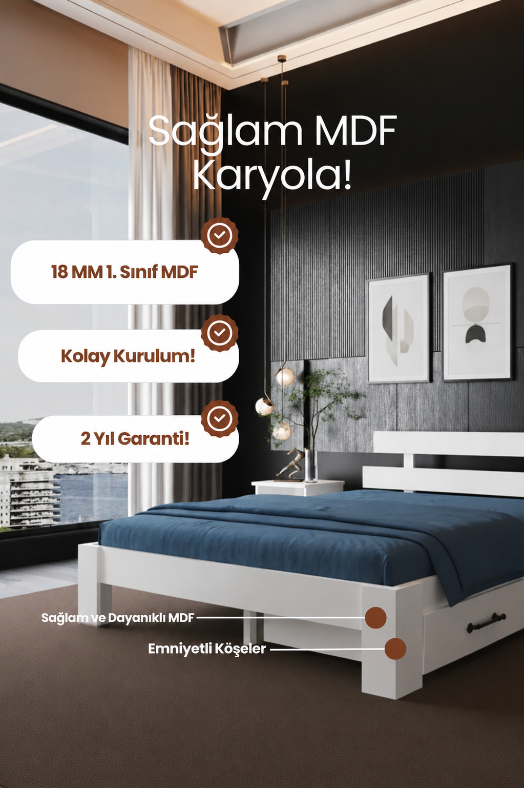 Lotus 2 Çekmeceli MDF Karyola 90x190 Beyaz
