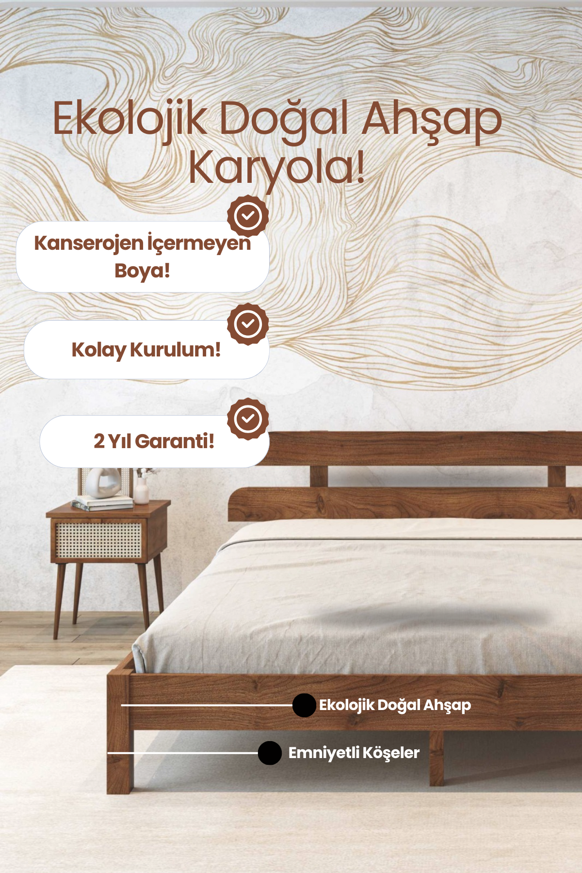 Lotus Model Masif Ahşap Karyola 90x190 Doğal