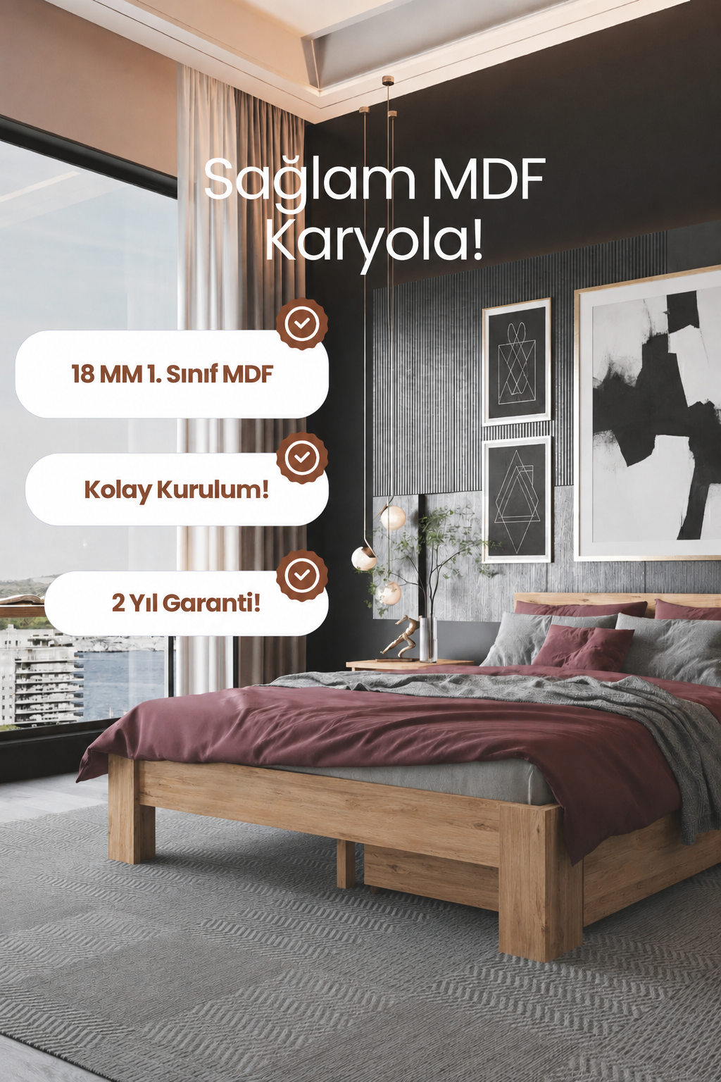 Lotus 2 Çekmeceli MDF Karyola 180x200 Beyaz