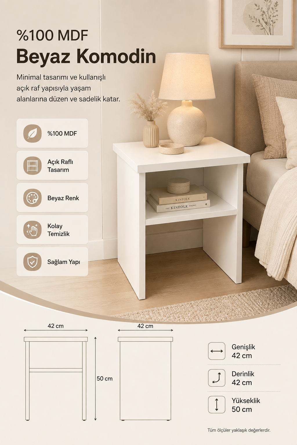 %100 Mdf Komodin 42x42 Beyaz