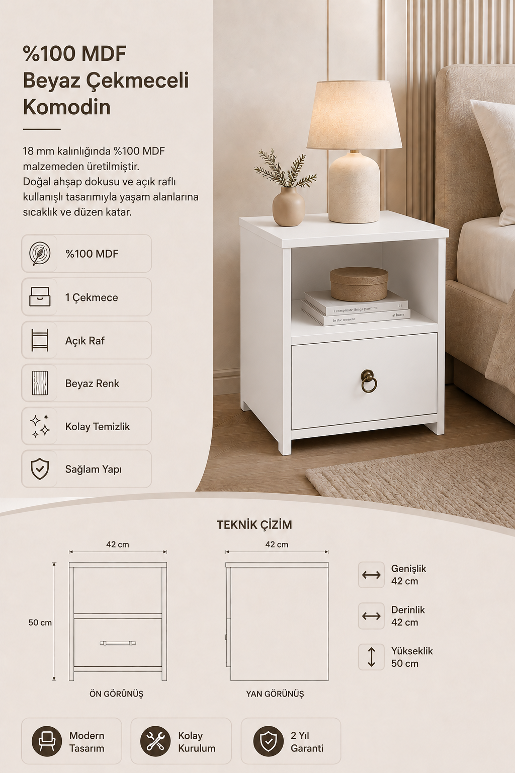 %100 Mdf Çekmeceli Komodin 42x42 Beyaz