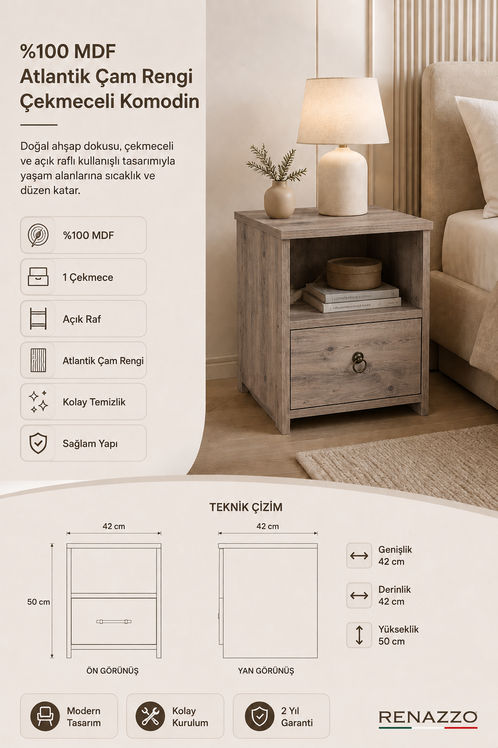 %100 Mdf Çekmeceli Komodin