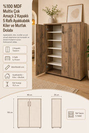 Multix %100 MDF Çok Amaçlı 2 Kapaklı 5 Raflı Ayakkabılık Kiler ve Mutfak Dolabı