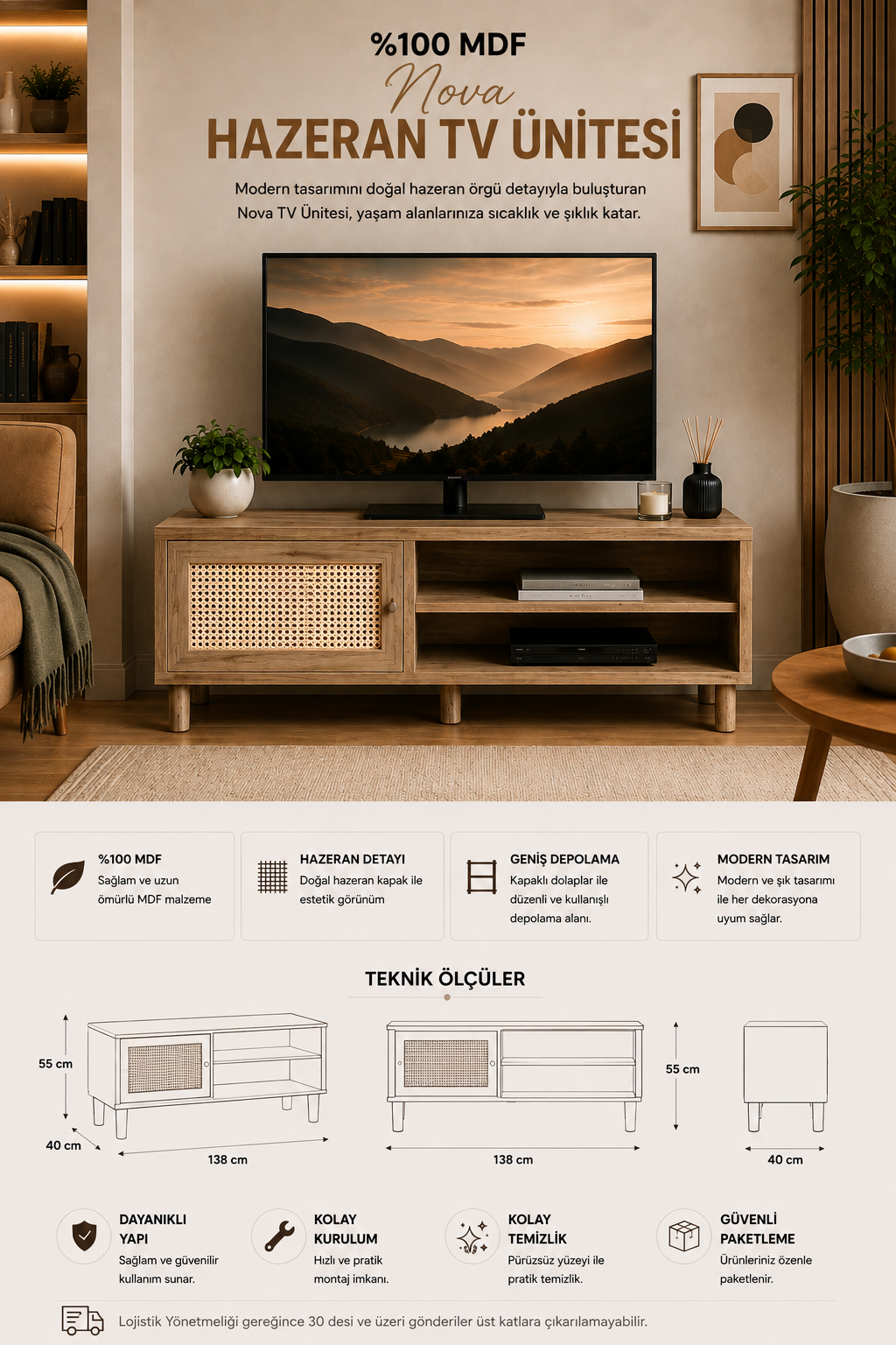 %100 Mdf Nova Hazeran TV Ünitesi 138x55 Atlantik Çam