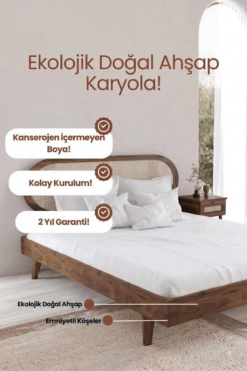Padova Model Hazeran Başlıklı Masif Ahşap Karyola 2 Adet Komodin 90x190 Doğal