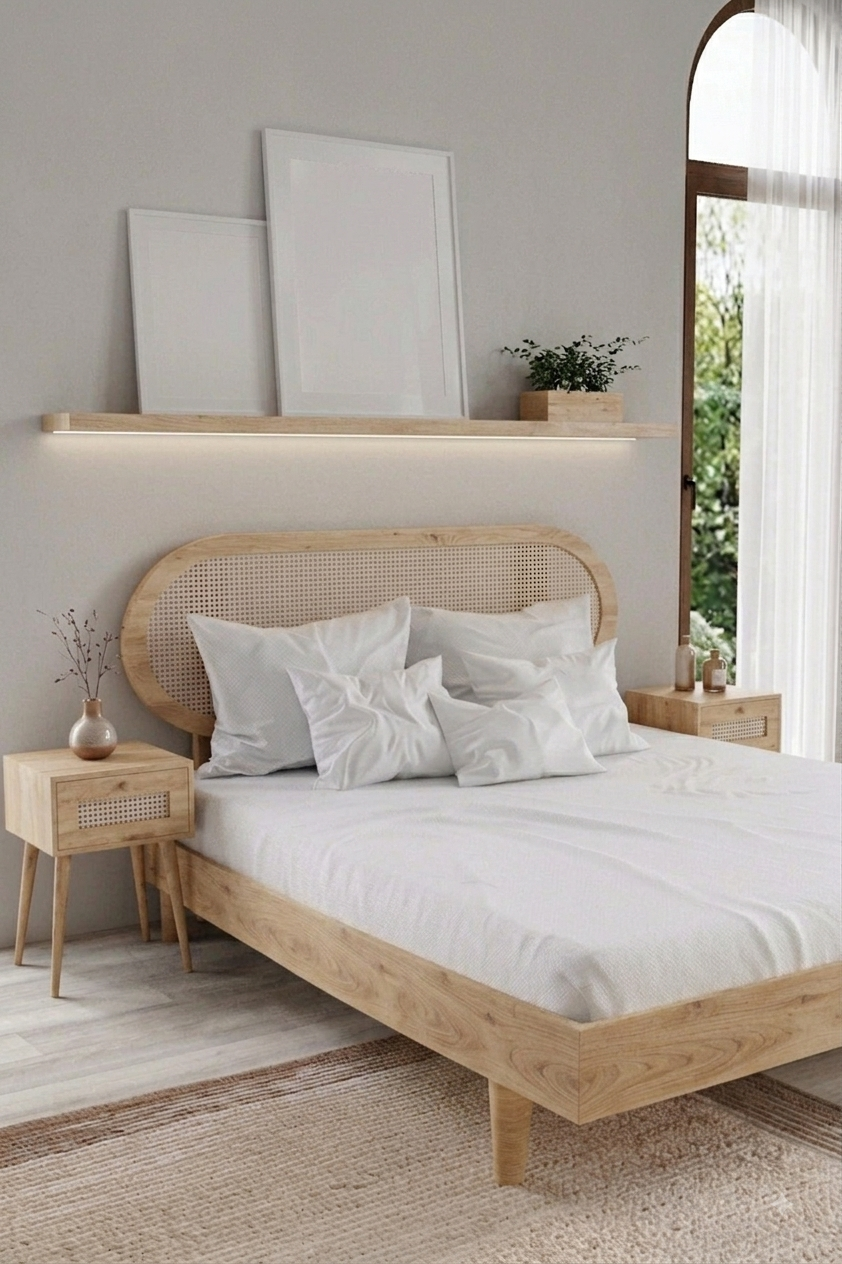 Padova Model Hazeran Başlıklı Masif Ahşap Karyola 2 Adet Komodin 90x200 Doğal