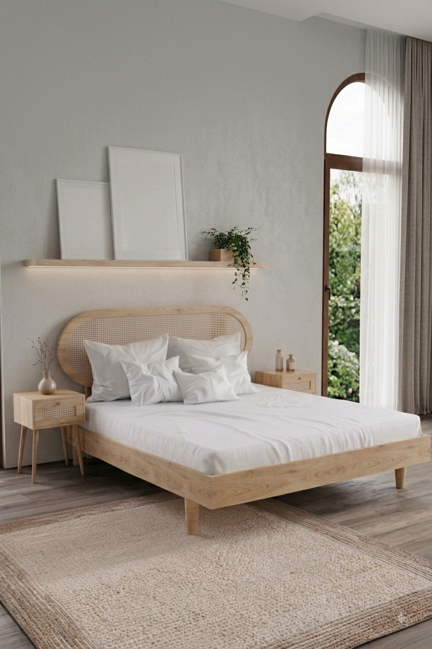 Padova Model Hazeran Başlıklı Masif Ahşap Karyola 2 Adet Komodin 100x200 Doğal