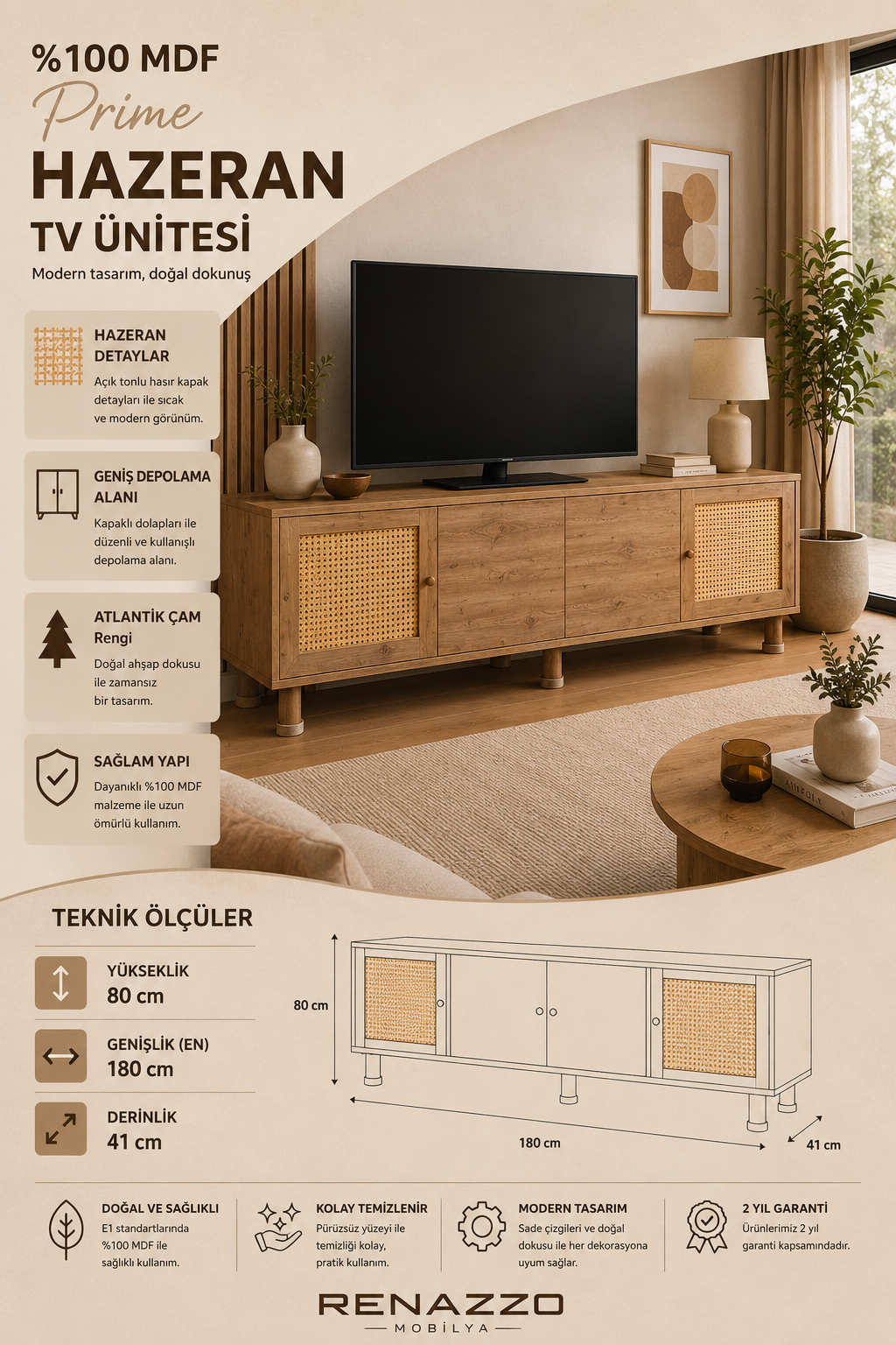 % 100 Mdf Prime Hazeran TV Ünitesi 180x80 Atlantik Çam