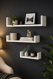 Renazzo 3'lü U dekoratif MDF duvar rafı beyaz modern salon görünümü