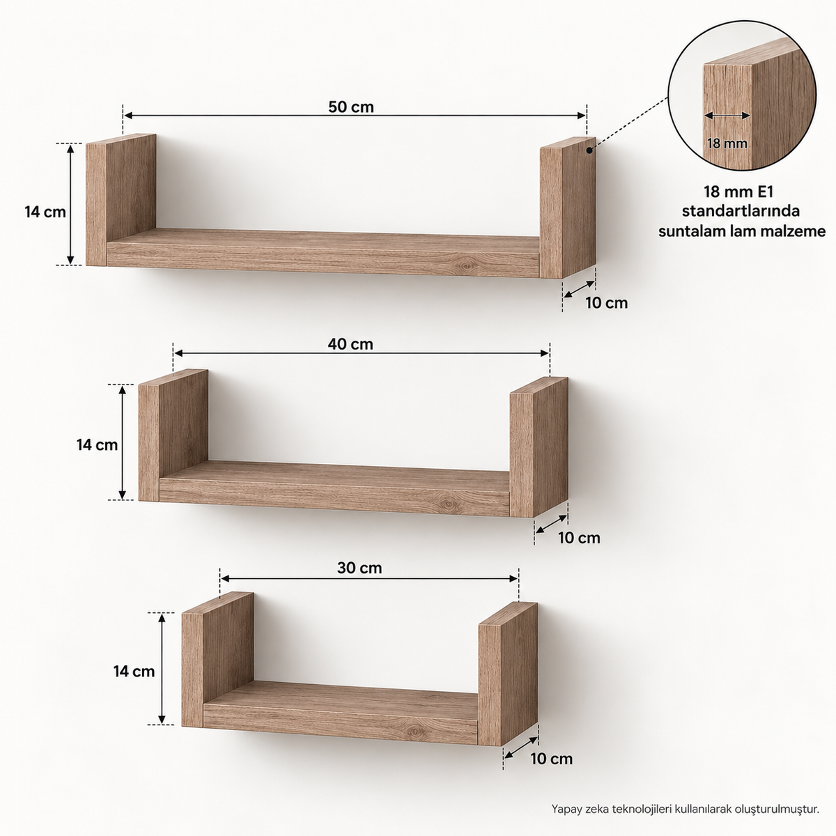 3'lü U Duvar Kitaplığı Dekoratif Raf Atlantik Çam 50-40-30x14x10 cm 18 mm teknik ölçü