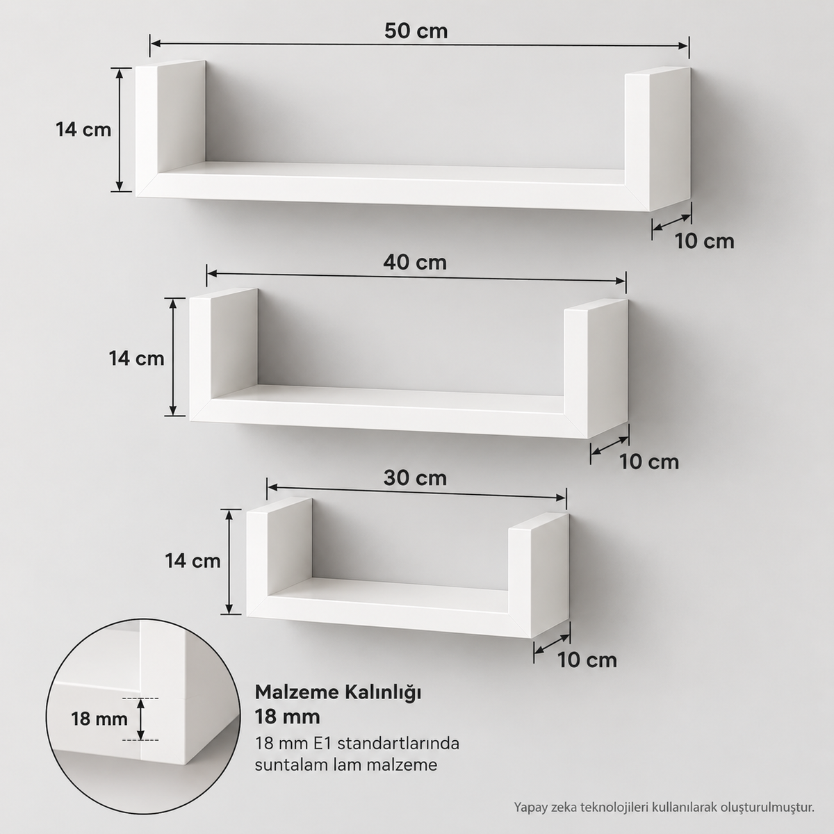 3'lü U Duvar Kitaplığı Dekoratif Raf Beyaz 50-40-30x14x10 cm 18 mm teknik ölçü