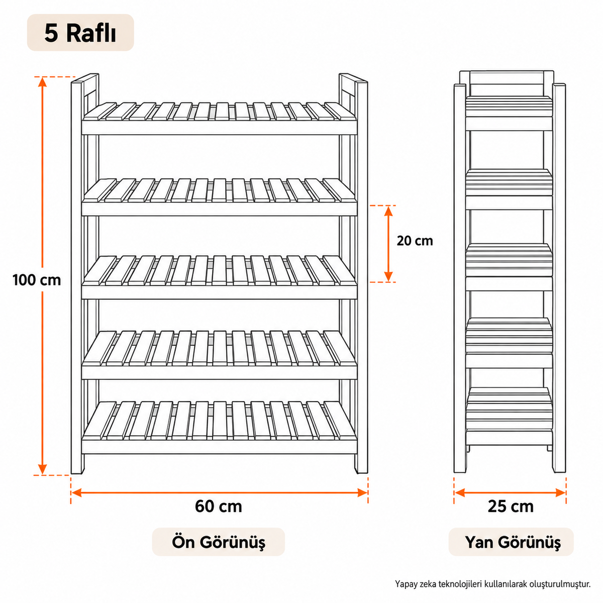 5 raflı doğal ahşap ayakkabılık teknik ölçüleri 60 cm genişlik 25 cm derinlik 100 cm yükseklik