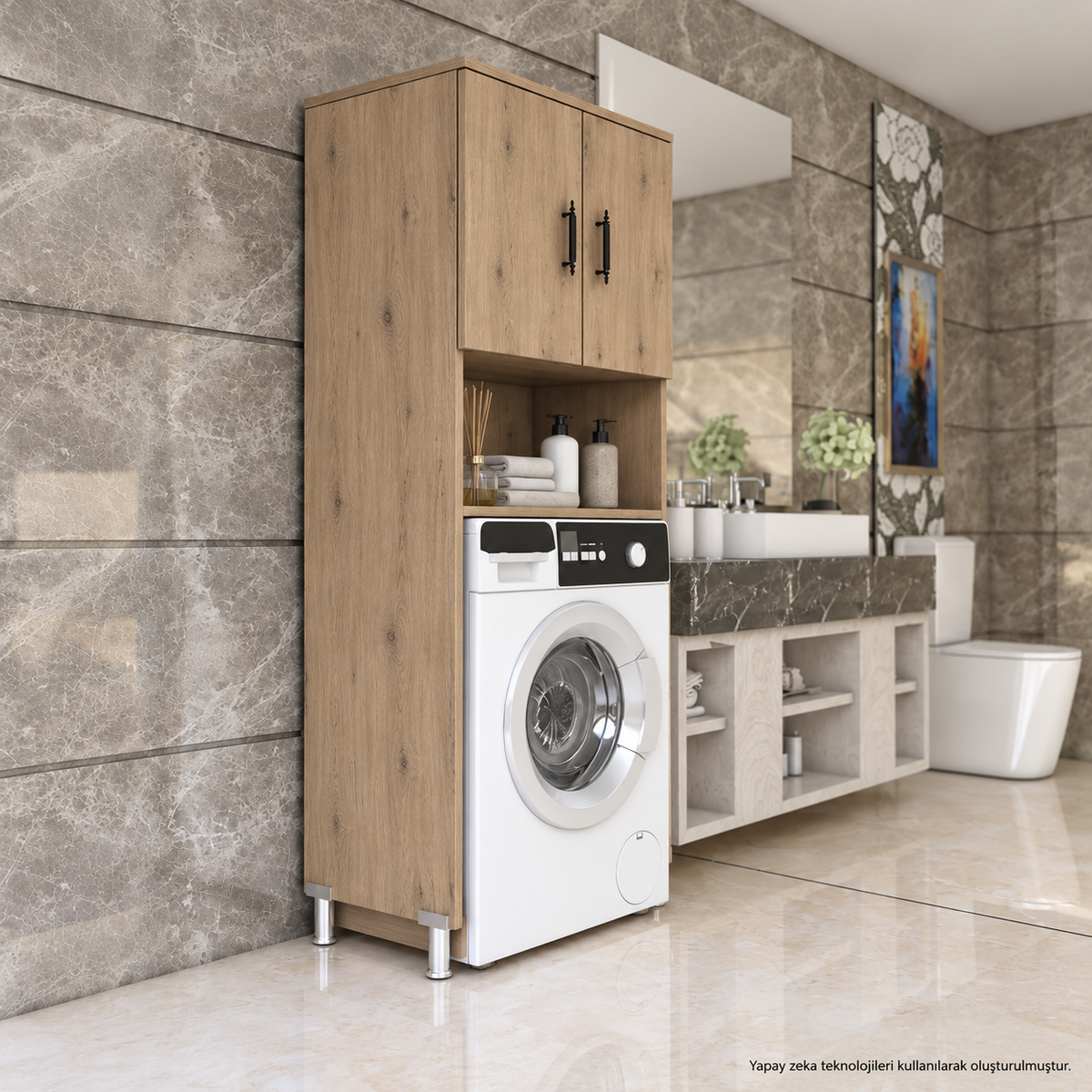 Atlantik Çam MDF çamaşır makinesi dolabı modern banyo kullanım görünümü