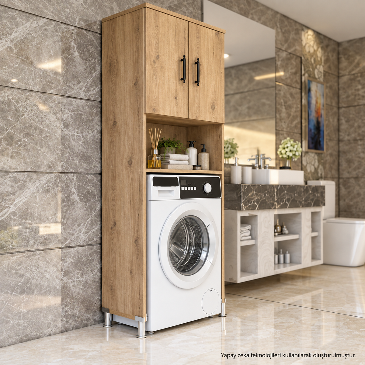 Atlantik Çam çamaşır makinesi dolabı farklı açı banyo görünümü