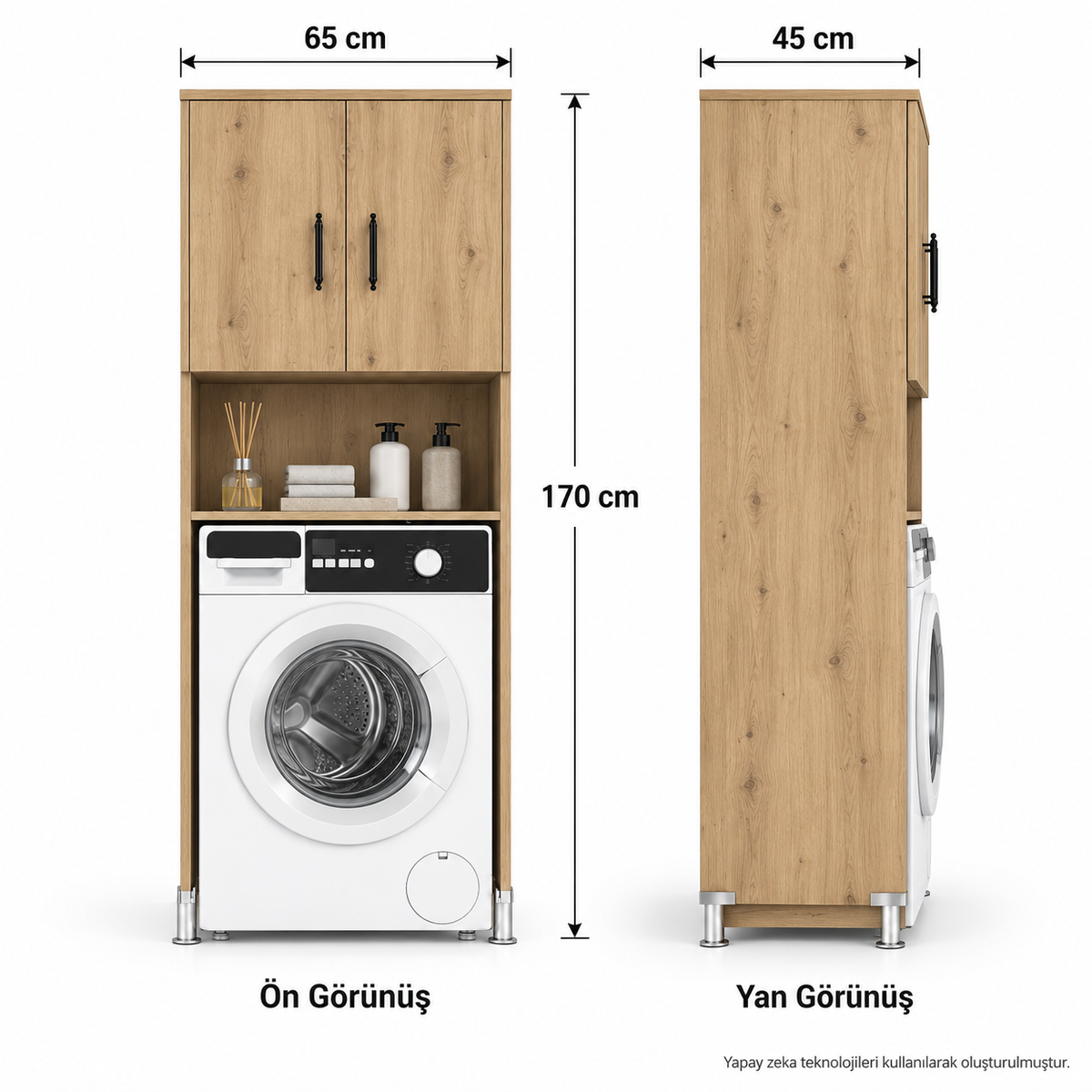 Atlantik Çam çamaşır makinesi dolabı teknik ölçüleri 65 cm genişlik 45 cm derinlik 170 cm yükseklik