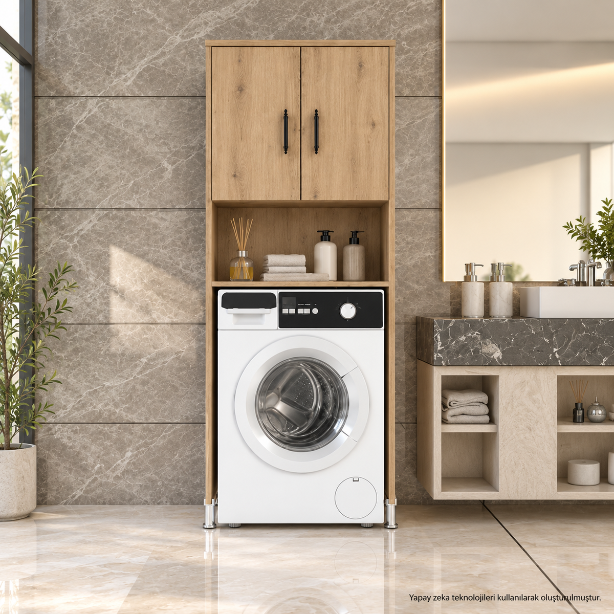 Renazzo Atlantik Çam MDF raflı çamaşır makinesi dolabı 65x45x170 cm RPS ana görsel