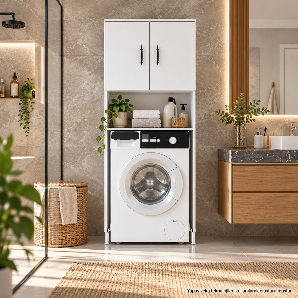 Beyaz MDF çamaşır makinesi dolabı modern banyo kullanım görünümü