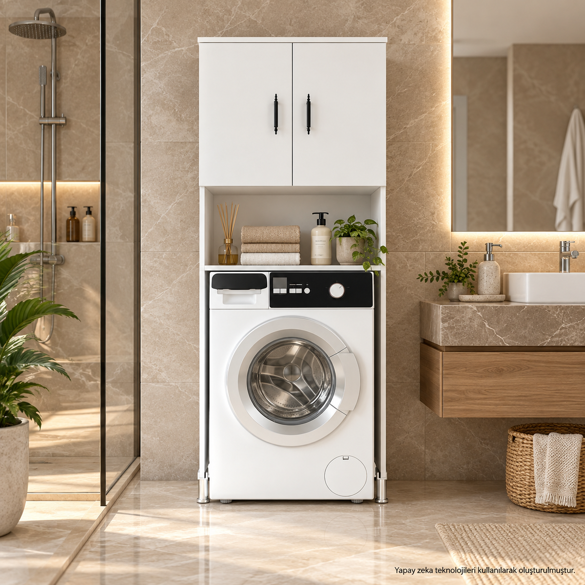 Beyaz MDF çamaşır makinesi dolabı farklı açı banyo görünümü