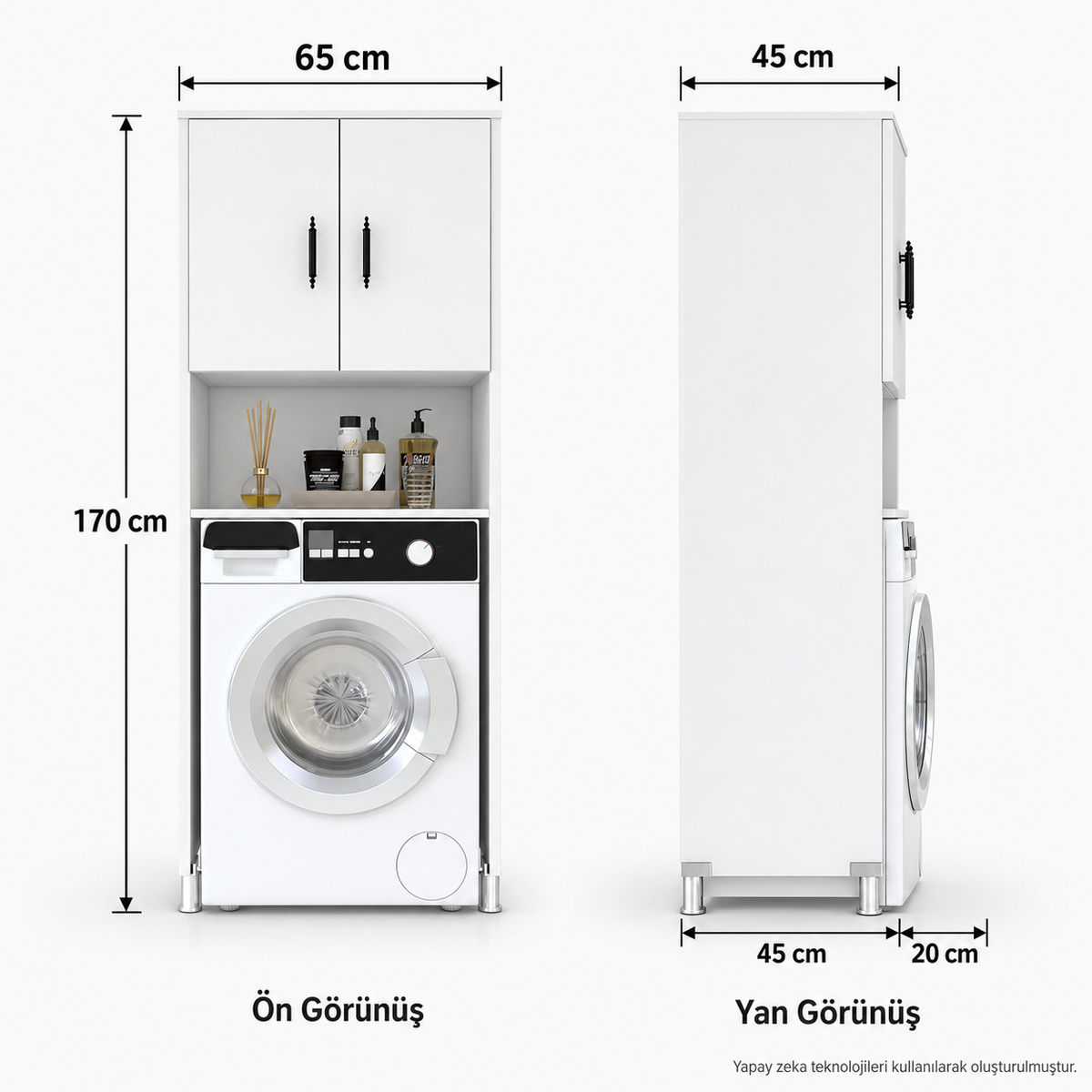 Beyaz çamaşır makinesi dolabı teknik ölçüleri 65 cm genişlik 45 cm derinlik 170 cm yükseklik