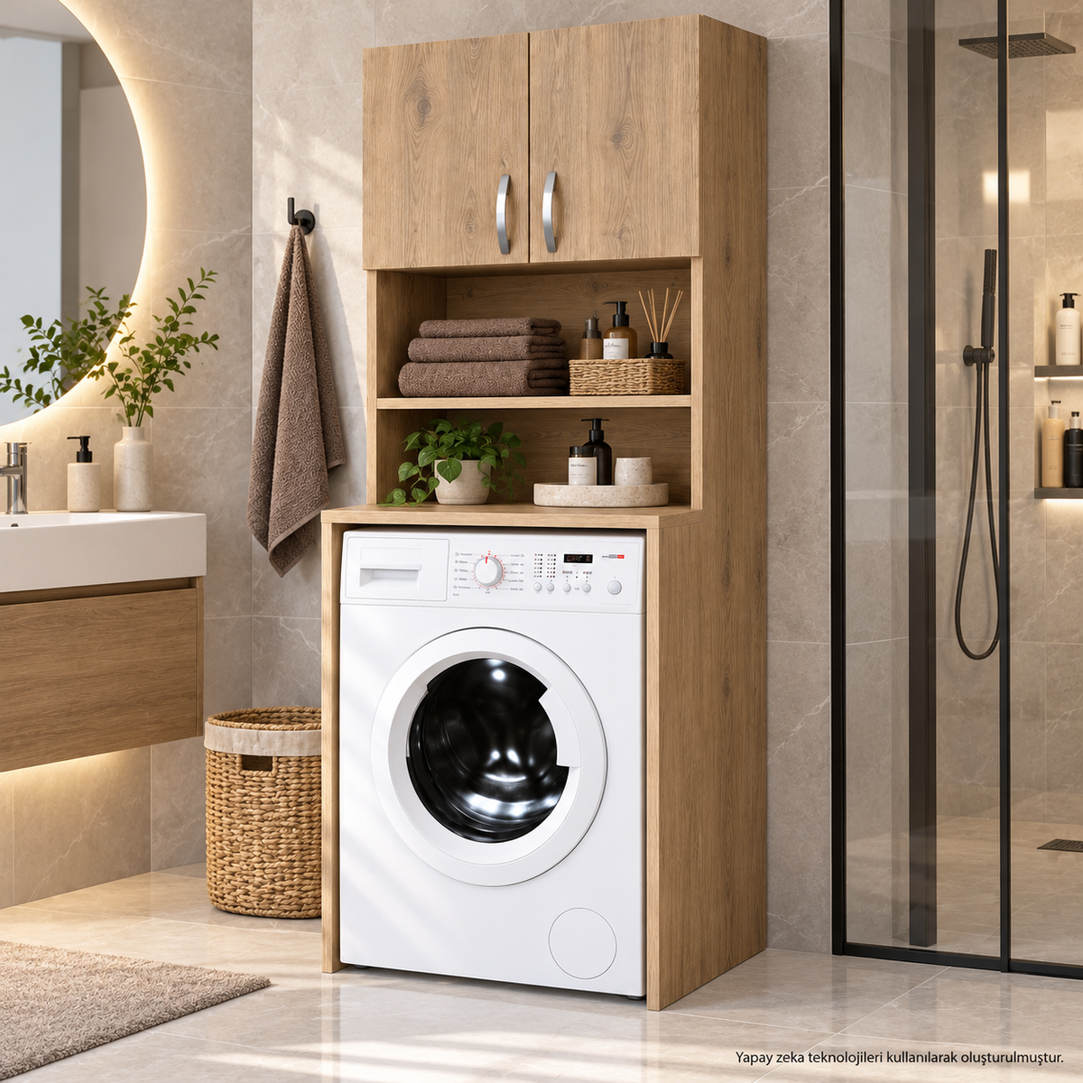 Renazzo Atlantik Çam çamaşır makinesi üstü dolap farklı açı görünümü