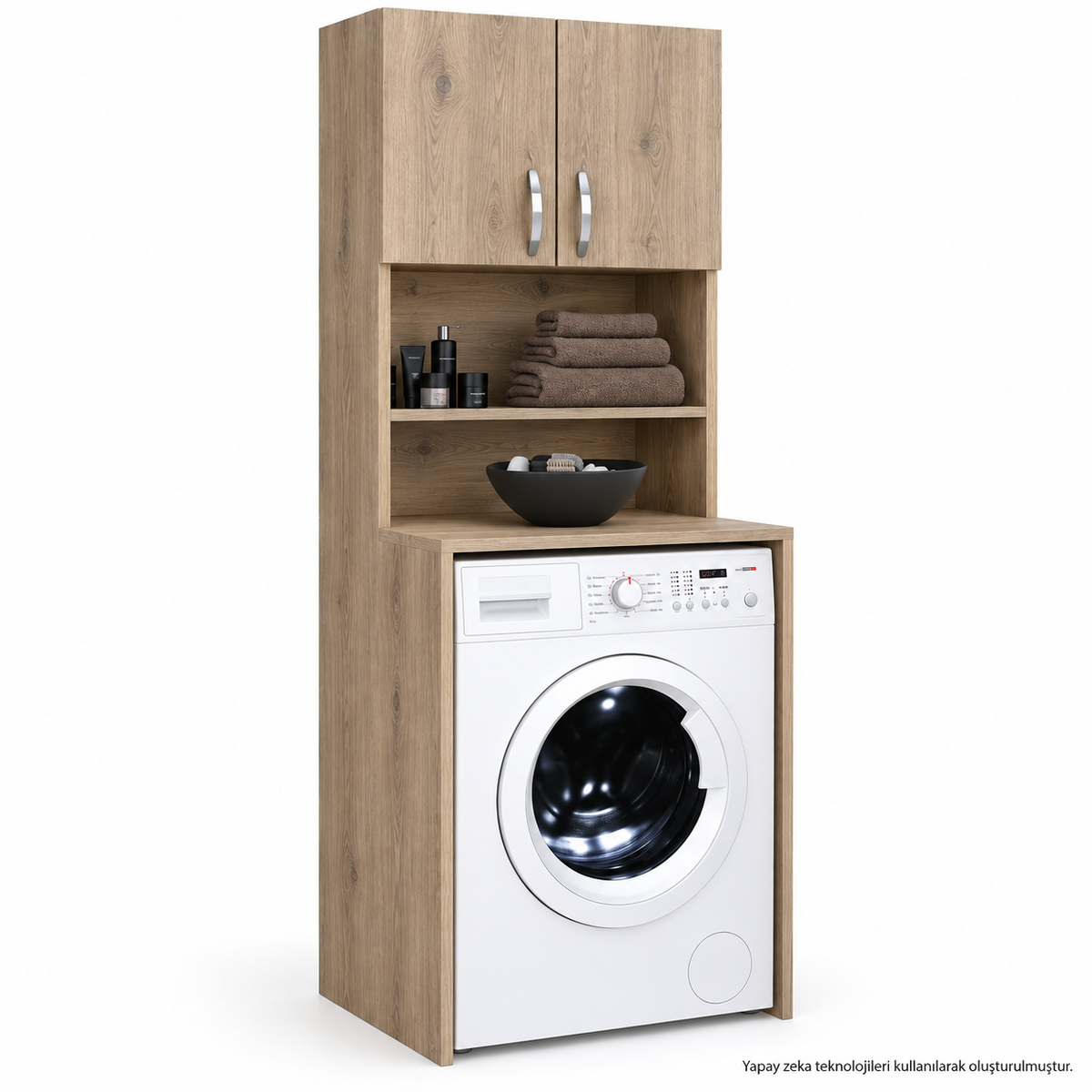 Renazzo Atlantik Çam MDF raflı çamaşır makinesi dolabı 65x60x180 cm