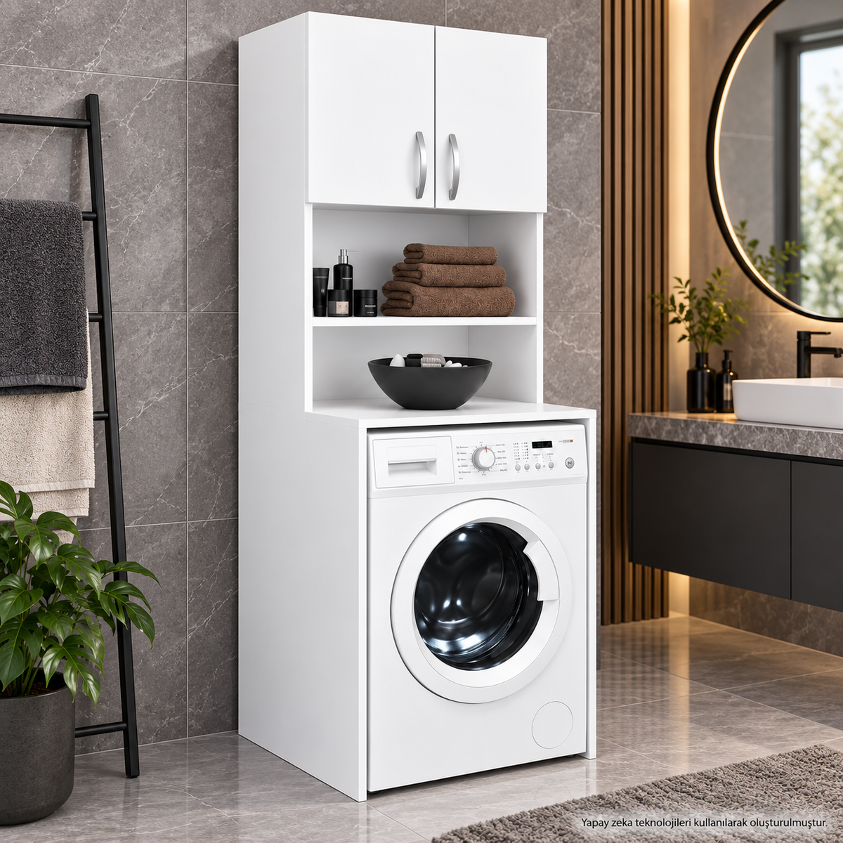 Renazzo beyaz çamaşır makinesi üstü banyo dolabı farklı açı görünümü