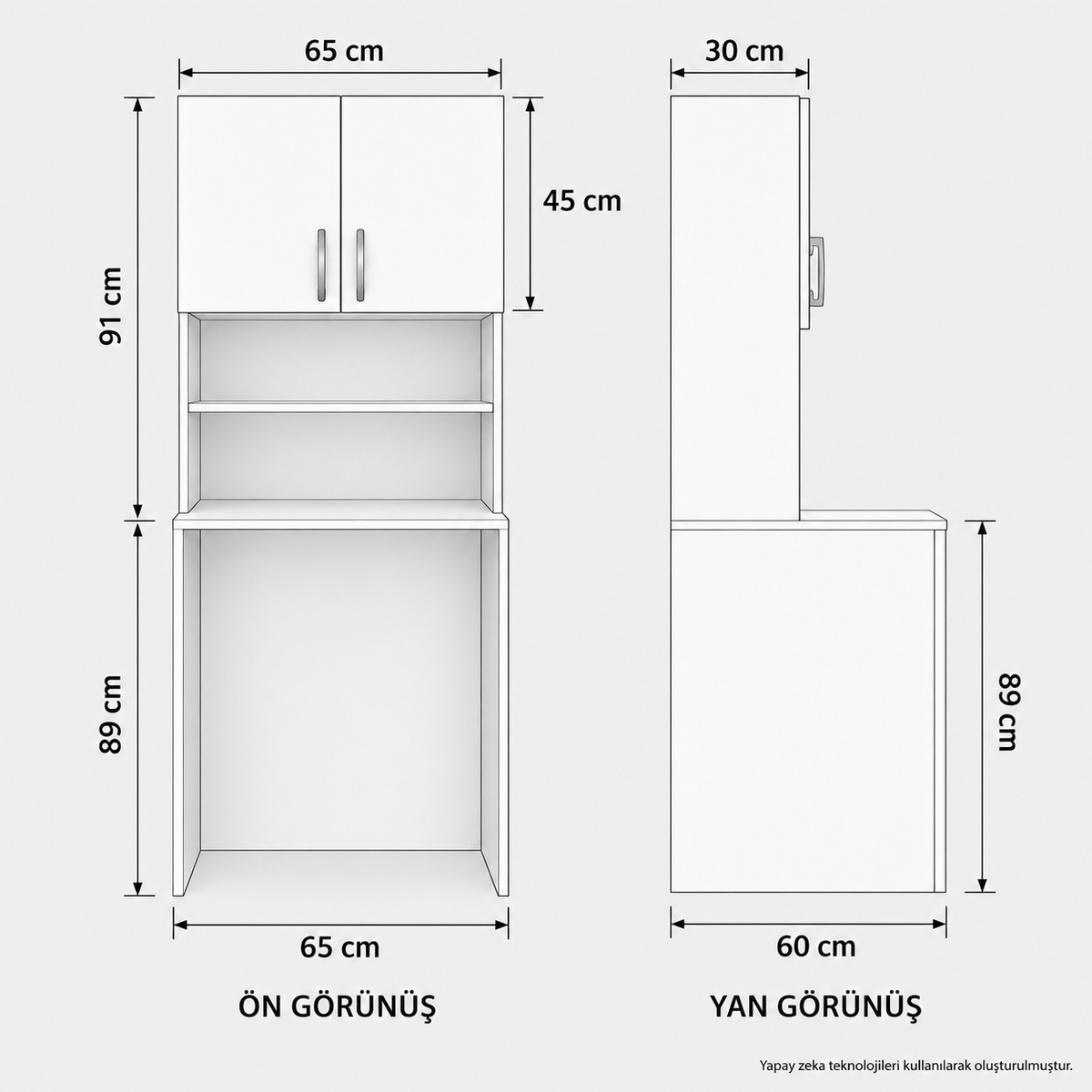 Beyaz çamaşır makinesi dolabı teknik ölçüleri 65 cm genişlik 60 cm derinlik 180 cm yükseklik