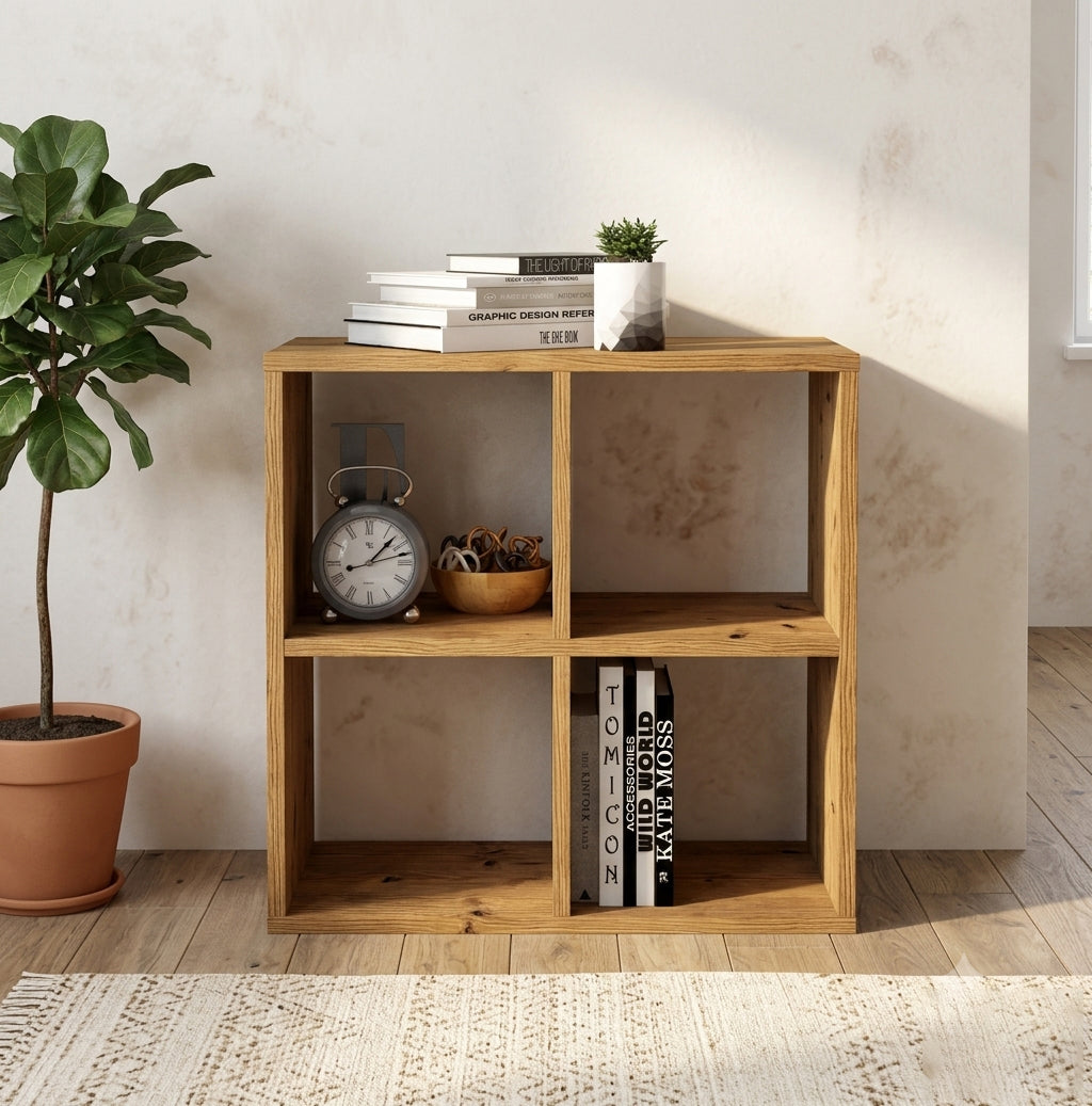 Atlantik Çam MDF dekoratif kare kitaplık önden görünüm