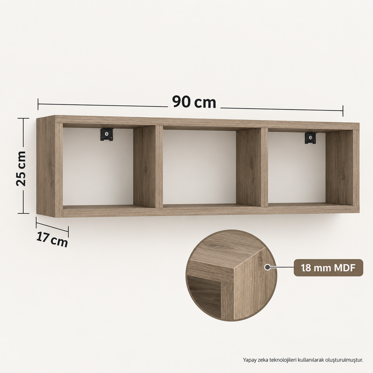 Mdf Yatay Duvar Kitaplığı Dekoratif Raf Atlantik Çam 90x25x17 cm 18 mm MDF teknik ölçü