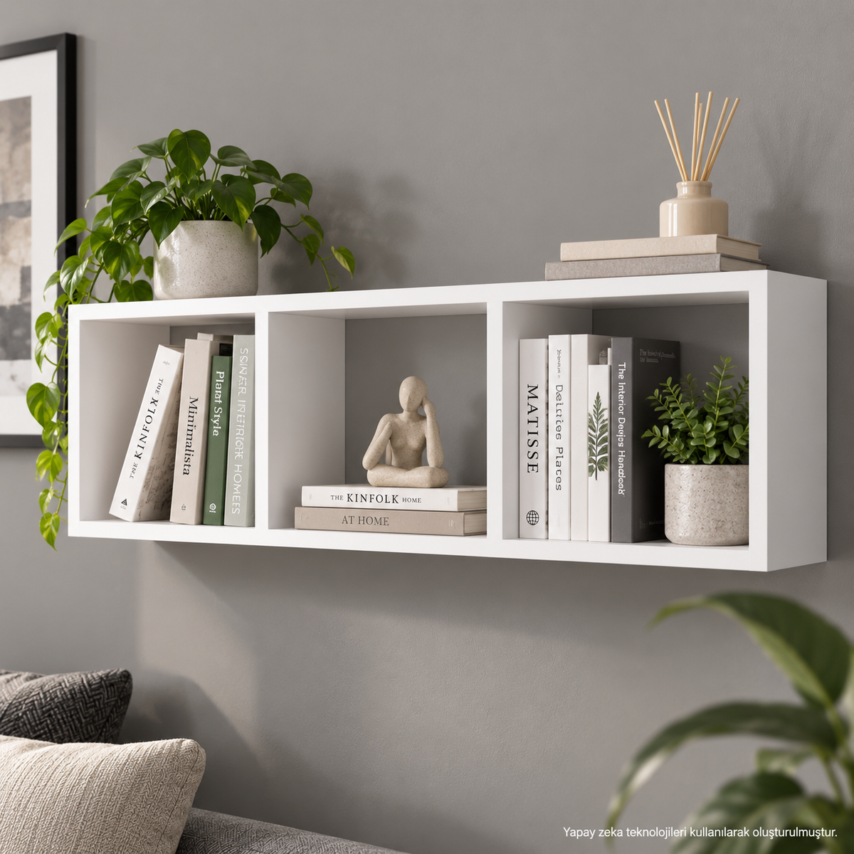 Mdf Yatay Duvar Kitaplığı Dekoratif Raf Beyaz lifestyle görseli