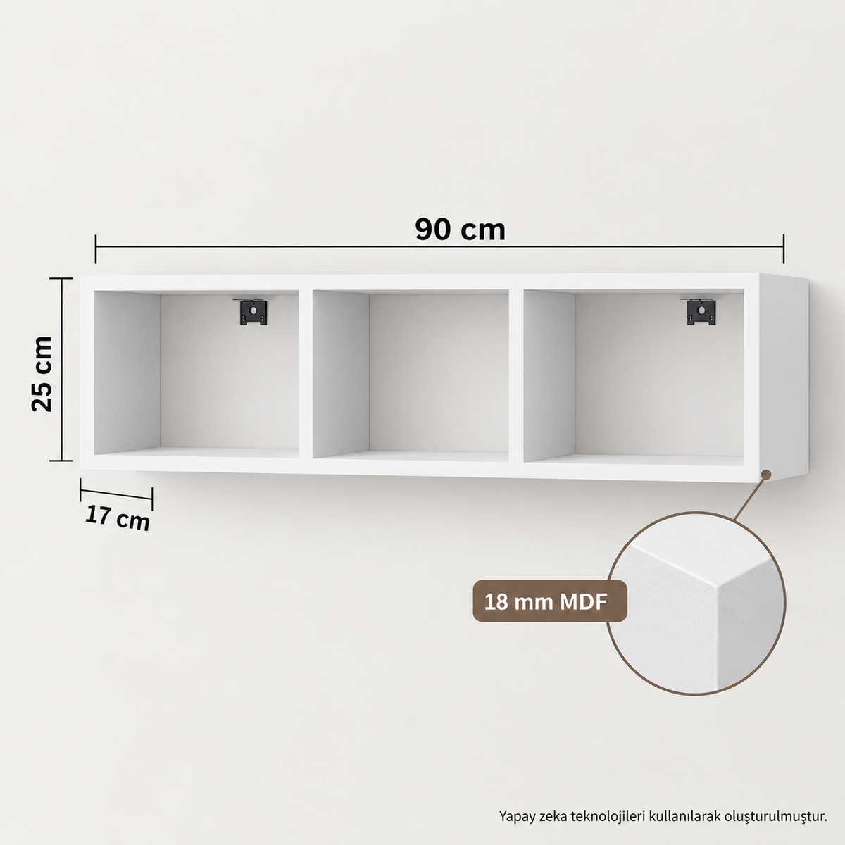 Mdf Yatay Duvar Kitaplığı Dekoratif Raf Beyaz 90x25x17 cm 18 mm MDF teknik ölçü